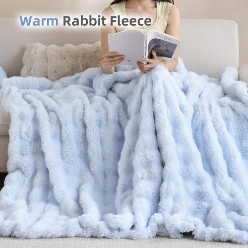 Smoofy Faux Fur Throw Blanket for Couch Rabbit Fleece - Light Blue Fluffy Blanket for Sofa Bedroom Living Room, Cozy Soft Plush Luxury Thick Winter Fuzzy Comfy Bubble Blanket - 60 x 80