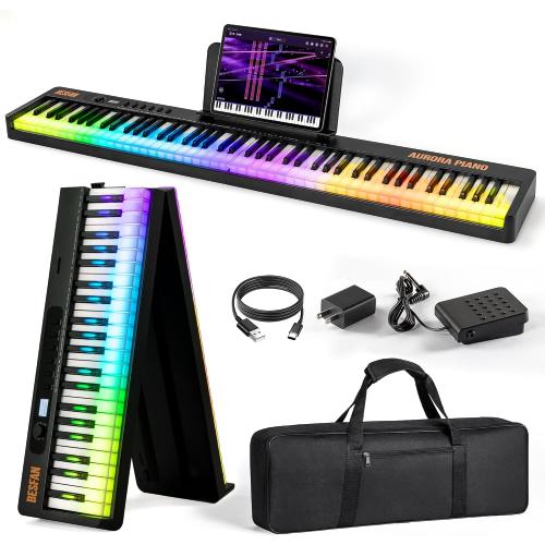 88-Key Foldable Piano Keyboard with Colorful Lighted Keys | Semi-Weighted Full Size Portable Digital Piano with MIDI, Speakers, Sustain Pedal for Beginners, Travel and Small Spaces