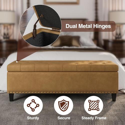 Size 51 Color brown Storage Ottoman Bench,51-Inch Large Storage Bench for Bedroom End of Bed, 30 Gallons Faux Leather Ottoman with Storage for Bedroom, Living Room, Entryway, Hallway,Camel
