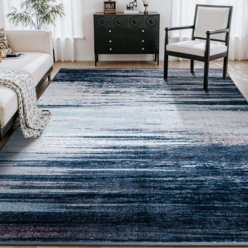 VERITY BLUE Rugflix 6x9 Area Rug, Washable Rug for Living Room, Non Slip, Soft Low Pile, Modern Abstract Blue Grey Rug for Bedroom, Dining Room, Home Office, Indoor Floor Carpet