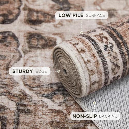 Joydeco 8x10 Area Rugs for Living Room, Non Slip Machine Washable Vintage Rug, Low Pile Chenille Print Rugs for Bedroom, Dining Room, Home Office, Pet & Child Friendly, Light Coffee