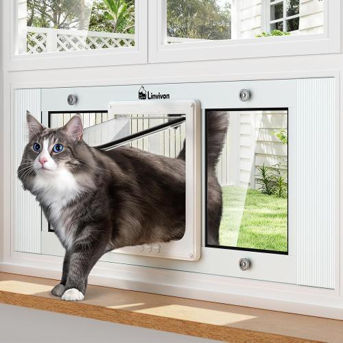 Cat Door for Window, Quick Installation Adjustable Width of 27-32, Cat Window Door with 4 Locking Modes, Magnetic Closure Design, Weatherproof Aluminum Frame Cat Door Window Insert