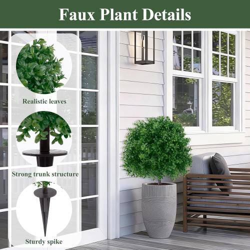 U'Artlines 23.6 Artificial Boxwood Topiary Ball Trees with Ground Spike, Faux Greenery Plants UV Resistant Fake Shrubs Bushes for Front Porch Garden Yard Outdoor Decor, Set of 2