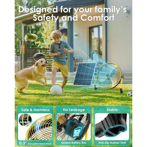 ZHULI 18 Solar Fan, Portable Battery Operated Floor Fan, Rechargeable Cordless Camping Fan, 40W Solar Panel, Hi-Velocity Brushless Motor, Metal blade, USB Phone Charge, 8~60H Runtime, Quiet, Wireless