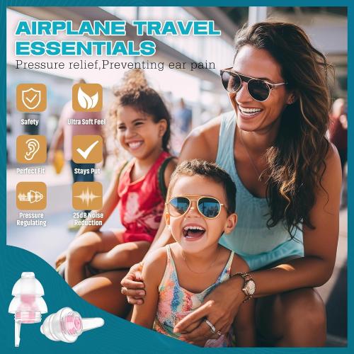 Airplane Ear Plugs Pressure Relief Earplugs 2 Pairs, Prevent Ear-Pain & Reduce Noise 25dB - Flight Essentials, Reusable Soft Plane Earbuds for Adult/Kids 12 , Travel Ear Protection Air Plugs
