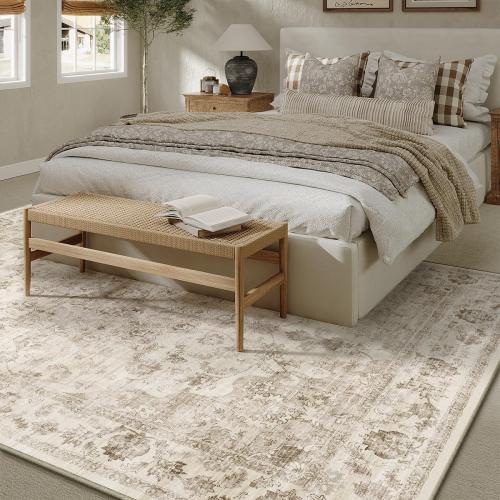 9x12 Neutral Area Rug Beige Vintage Living Room Bedroom Washable Carpet Non-Slip Soft Low Pile Farmhouse Indoor Large Throw Rug for Dining Room Office