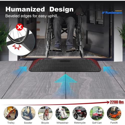 Ruedamann 1 Rise Rubber Threshold Ramp, 42.9 Wide Wheelchair Ramp, 2200 Lbs Capacity, Entry Ramp with Non-Slip Surface, for Wheelchairs, Scooter, Power Chairs, Driveways, Curb