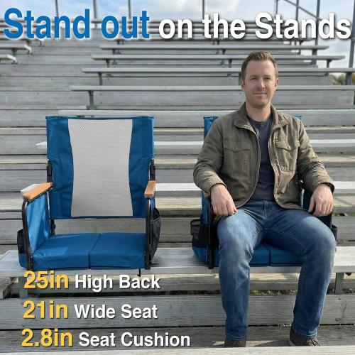 behairity Extra Wide Stadium Seats with Back Support, Bleacher Chairs with High Back and Cushion, Padded Portable Fording Bleacher Seat with Armrests, Cup Holder and Storage Pockets (Blue)