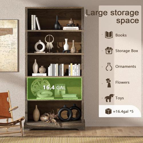 65 Rustic Brown TVU 5-Shelf Wood Bookcase, 65 Inch Tall Bookshelf with Storage, Floor Standing Display Book Shelf, for Living Room Bedroom Study Office, Rustic Brown