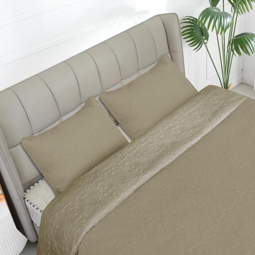 Easy-Going Reversible Quilt Set Full/Queen, Bedspread with 2 Shams | Damask-Beige/Beige, Lightweight Microfiber Bed Comforter, 1 Quilt   2 Pillow Shams, All-Season Coverlets for Bedroom