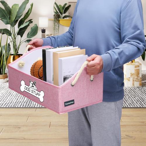 Collapsible Fabric Dog Toy Box and Storage Bin With Handle - Trapezoid Basket Chest Organizer for Pet Toys, Blankets and Accessories, Pink