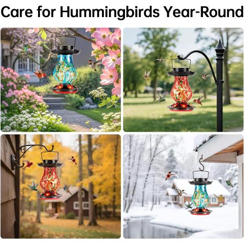 DesGully Solar Hummingbird Feeder for Outdoor - 25 fl.oz Hand Blown Glass Hummingbird Feeders for Outdoors Hanging, Large Capacity with Moat, 6 Colors Changing Light Outside Garden Decor (Red)