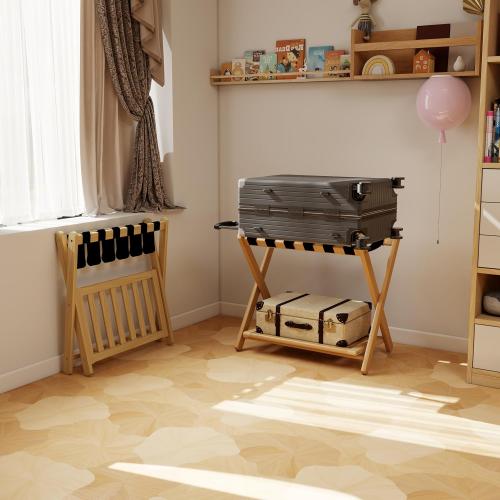 Luggage Rack, Foldable Suitcase Stand with Storage Shelf and 5 Heavy-Duty Straps, Bamboo Luggage Holders for Guest Room, Bedroom and Hotel - Natural