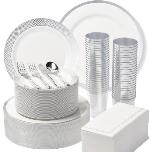 By Madee Heavyweight Elegant Disposable Dinnerware Set - Silver Fancy Plastic Dinnerware Sets with Plates, Cutlery, Napkins - Disposable Party Plates for Wedding, Baby Shower - 400 Pcs (50 Guests)