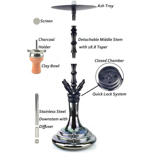 Complete Hookah Set with Everything - 4 Hookah Hose Portable Glass Hookahs Set with Washable Clay Hooka Bowl Coal Tongs Silicone Bong Aluminum Stem with Diffuser for Narguile Smoking