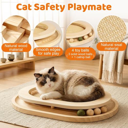 Cat Scratcher, Natural Sisal Cat Scratcher Pad & Interactive Kitten Toy with Ball Track and Catnip Ball for Indoor Hunting, Sleeping Physical Exercise, Puzzle for Small to Large Cats