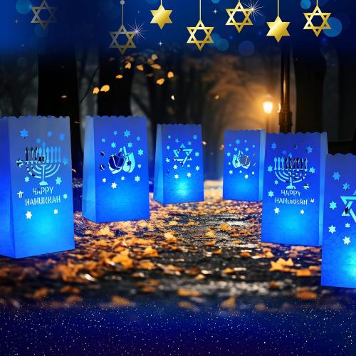 36 Set Hanukkah Decorations Blue Luminary Bags with Flameless Candles Chanukah Luminary Bags with Battery Tea Lights Happy Hanukkah LED Moisture-Proof Lanterns Jewish Holiday Decor Gifts