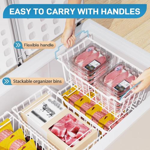 Freezer Organizer Bins, 8 Pack Chest Freezer Organizer Stackable for 5-7 Cu.FT Deep Freezer Sort Frozen Meats and Food, Freezer Storage Baskets with Handles Easy Reach from Bottom, White