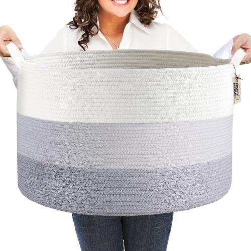 White and Grey COMFY-HOMI Laundry Basket, Cotton Rope Nursery Woven Basket for Storage, Blanket Baskets Living Room Laundry Hamper, Dog Toy Storage Organizer, Home Decor-White and Grey