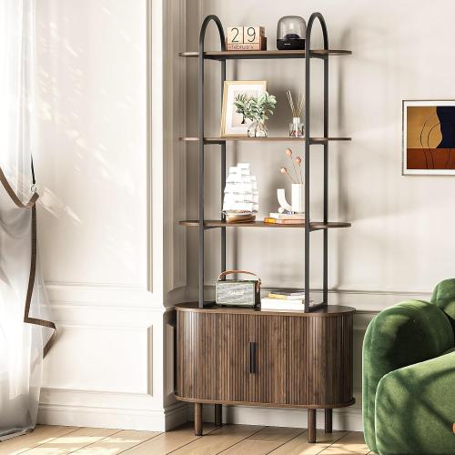 Espelism 71 Tall Mid-Century Display Shelf Bookshelf with Sliding Tambour Doors, 4-Tier Freestanding Vinyl Record Player Stand Fluted Storage Cabinet for Living Room, Bedroom, Home Office