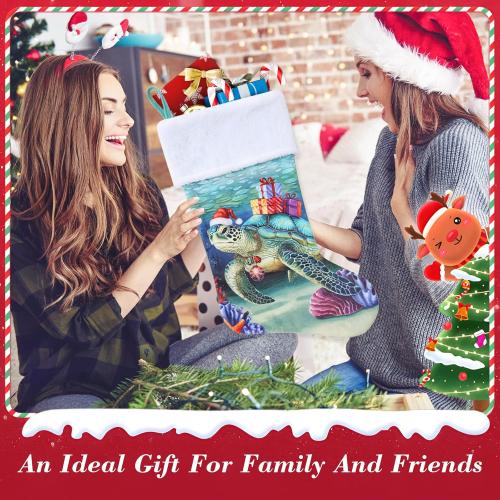 20 Inches Sea Turtle Christmas Stockings, Ocean Turtle Christmas Ornaments Large Hanging Stockings with Plush Cuff for Family Holiday Party Decorations