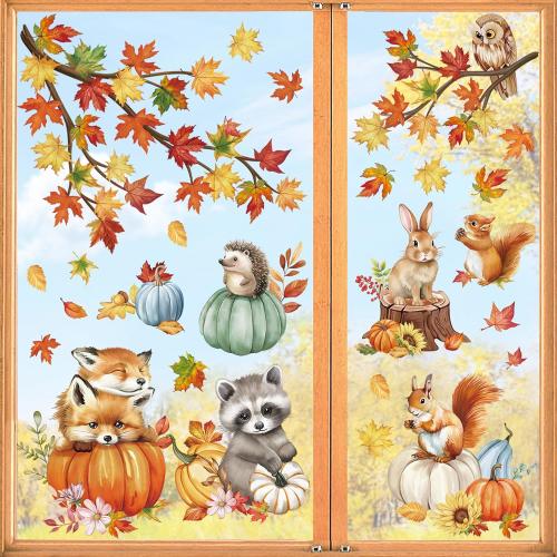 wondever Fall Woodland Animals Window Clings Decals Pumpkin Glass Sticker | Thanksgiving Vinyl Static Cling, Anti Collision, Double-Sided, Reusable Removable, Easy to Apply, for Window Glass Door Home