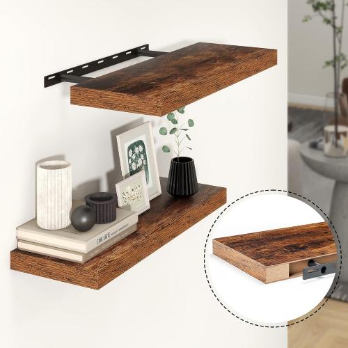 BROWN Heimlove 24 inch Floating Shelves for Wall,9.3 inch deep Brown Bathroom Over Toilet Shelf,Wall Mounted Rustic Wood Shelves for,Bedroom,Living Room,Kitchen,Office Decor Set of 2-Brown