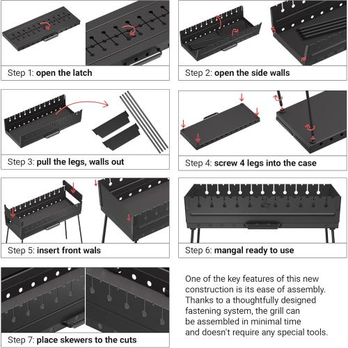 Charcoal Grill for 12 Skewers - Portable Barbecue Camp Grills Mangal Schaschlik - Foldable Metal Mangal - Kebab Shish BBQ for EDC Picnic Outdoor Cooking Camping Hiking N12