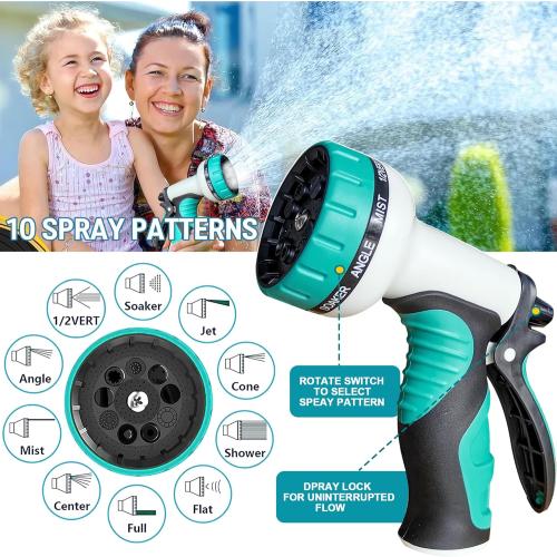 Garden Hose 50 ft, 2025 Upgarded Flexible Water Hose 50ft With 10-Pattern Spray Nozzle, Kink-Free, Lightweight, Durable, Leak-Proof Solid Brass Fittings (Black & Cyan)