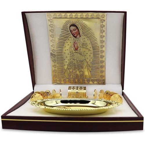EHV 24K Gold Plated Wedding Unity Coins with Decorative Display Case, Treasure Box, Classic Arras Ceremony Souvenirs, Beautiful Gift Set Marriage Matrimoniales Boda (San Benito)