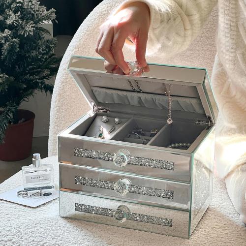 Mirrored Jewelry Box,3-Layer 2 Drawers Glass Jewerly Organizer with Lid,Necklace Ring Earring Storage Boxes,Silver Crushed Diamond Home Decor,Gift Idea