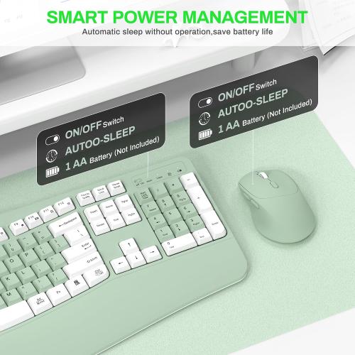 Wireless Keyboard and Mouse Combo,2.4G Full Size Wave Keys Ergonomic Keyboard with Wrist Rest for Natural Typing, 3 DPI Adjustable Ergonomic Mouse for Computer/Laptop/Windows/Mac (Avocado Green-A)