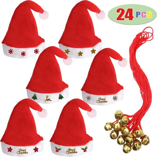 12 Fancy Christmas Santa Hats with 12 Jingle Bell Necklaces Bulk for Christmas Party Favor Photo Booth; One Size Fits All.