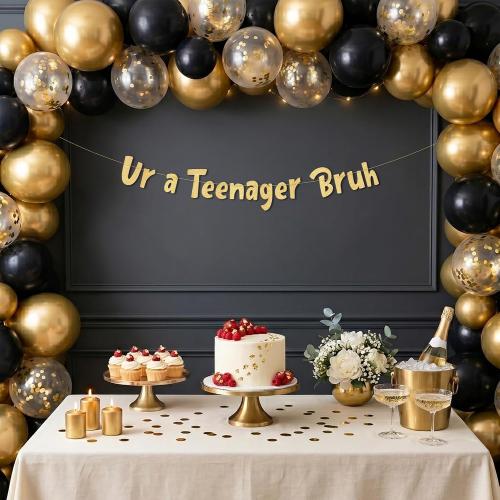 Sterling James Co. Pre-Strung Ur a Teenager Bruh Gold Glitter Banner - Funny 13th Birthday Decorations for Teen Boys and Girls - Birthday Party Supplies and Gifts