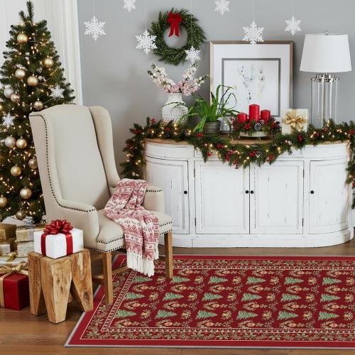 Artoid Mode Red Xmas Tree Mistletoe Christmas Area Rug, Winter Home Decor Low-Profile Non-Slip Washable Large Rug for Living Room Bedroom Farmhouse Dining Room Kids Playroom 2x3 Feet