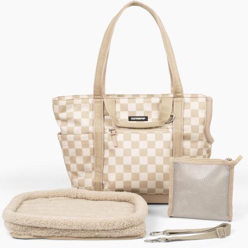 Cleverpup Transit Tote Dog Carrier 4-Piece Set - Premium Lightweight Pet Travel Bag with Plush Teddy Insert, Food Pouch, Air Mesh Opening, Water-Resistant Base & Safety Tether - Medium Checkerboard