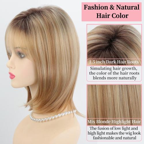 RENERSHOW Medium Length Bob Wigs for White Women Layered Blonde Highlight Straight Pixie Bob Wig with Bangs Heat Synthetic Natural Daily Party Wig 12inch Average Size Wig