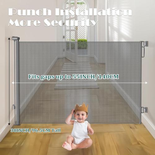 Babepai Retractable Baby Gates Extra Wide | 55 Wide x 38 Tall Dog Gates for Stairs | Indoor/Outdoor Use | Child Gates for Doorways, Deck, Porch, Hallways, Patio - Gray
