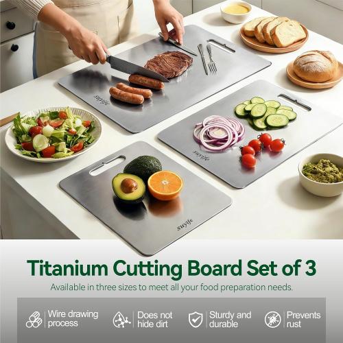 Titanium Cutting Board Set of 3,100% Pure Titanium Cutting Boards for Kitchen, Double Sided Food-Grade Chopping Board for Cutting Meat Vegetable Fruit, Dishwasher Safe