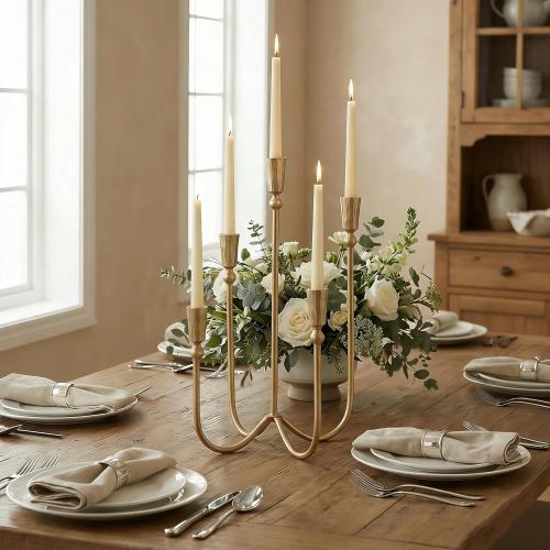Large Iron Candelabra Centerpieces for Tables, 17.7'' Tall Taper Candle Holders, Vintage Brass Gold Candlestick Holders, Antique Fireplace Mantel Decorations for Living Room, 5 Arms