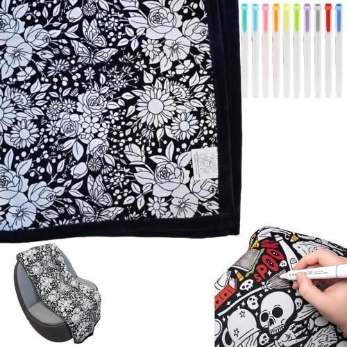 DIY Coloring Blanket with Markers, Color Your Own Blankets, Customizable Washable Diys Colorings Blanket Kits, You Can Color Fuzzy Velvet, Creative Diys Colorings Blankets for Adults (Black_I)