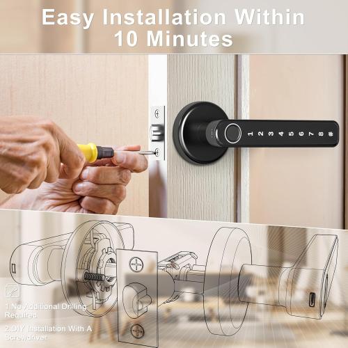 IRONZON Fingerprint Door Handle for Bedrooms - 191F 3-in-1 Fingerprint Door Lock with Keypad, Fingerprint Door Knob for Bedroom with Key, Keyless Entry Door Handle - Black