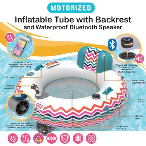 Motorized Inflatable Pool Float Lounger Tube, Bluetooth 5 IPX7 Waterproof Speaker, Pool & Lake Float with Mesh Bottom, Cup Holder, Backrest, Heavy-Duty Handles, 66W Motor