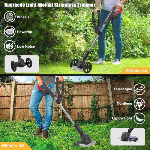 Orange Cordless Weed Wacker Eater Battery Powered, 21V Lightweight Electric Weed Trimmer with 2 Battery Operated & Charger& Wheels & Shears, No-String Grass Trimmer/Brush Cutter/Lawn Edger for Yard Garden
