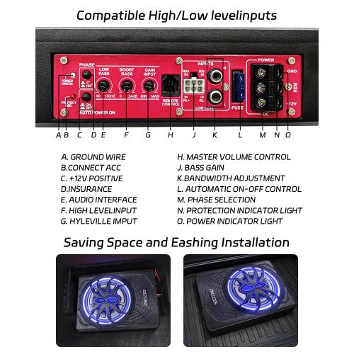 2025 Upgraded 10 1200W Slim Under Seat Powered Car Subwoofer, Car/Truck Sub Built in Amplifier for Outstanding Heat Dissipation, Powerful bass and Blue LED (Blue Light)