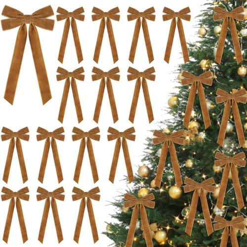 JOICEE 15Pcs Christmas Velvet Bows Ornament, 5 x 12 Inch Wreath Crafts Bows Christmas Tree Ribbon Bows for Xmas Holiday Home Party Garland Indoor Outdoor Decorations(Khaki)