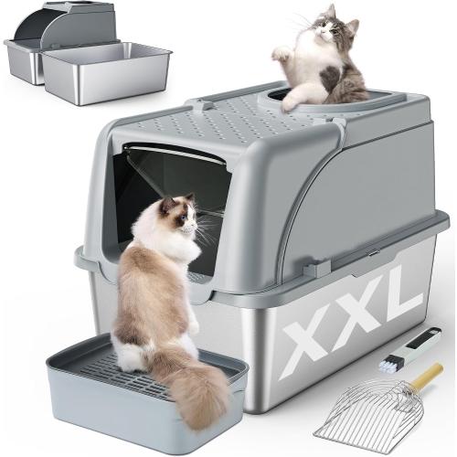 Stainless Steel Litter Box, XXL Large Metal Covered Litter Boxes, Dual Entrance Detachable Cat Litter Box with Lid, 16.6'' High Wall Urine Leak Prevention with Cat Litter Scoop (Gray)