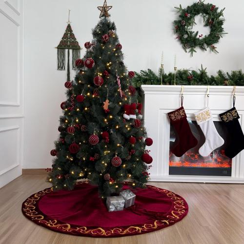 70 Inch Velvet Christmas Tree Skirt with Golden Swirl Embroidery and Lace Tie Closures, Burgundy