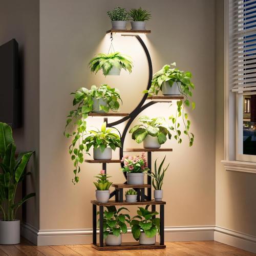 BACEKOLL Plant Stand Indoor with Grow Light, 8 Tier Corner Plant Shelf Tall | 62 Lighted Flower Holder for Plant Multiple, Space-Saving Beautiful Display Growing Rack for Home Patio, Sturdy Metal, Brown