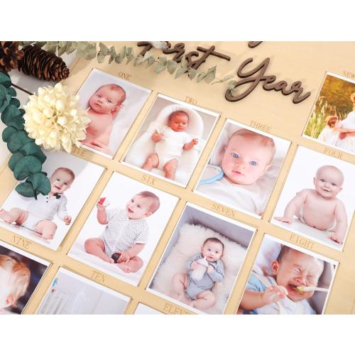 One Year Wood Photo Board - My First Year Month Milestone Board, Girl/Boy 1st Birthday Decorations, 12 Months Banner